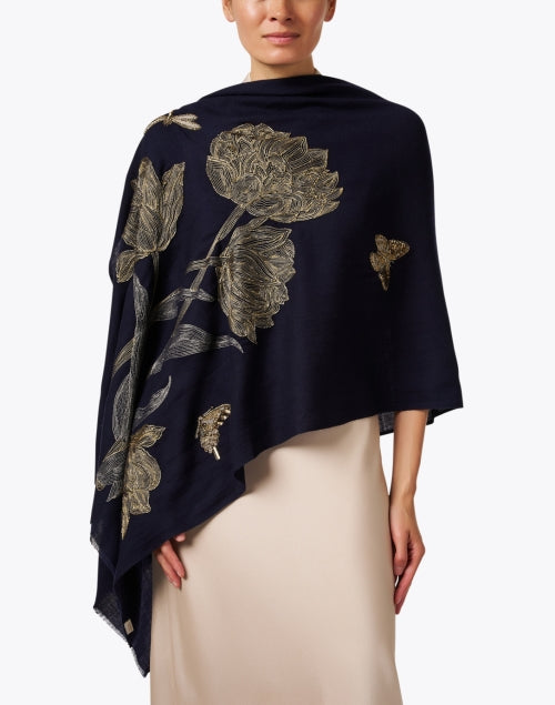 Navy Embroidered Merino Wool Scarf