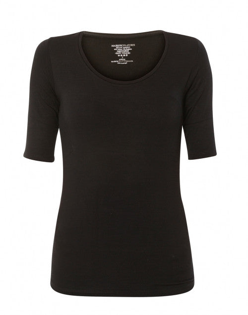 Black Scoop Neck Elbow Sleeve Stretch Viscose Top